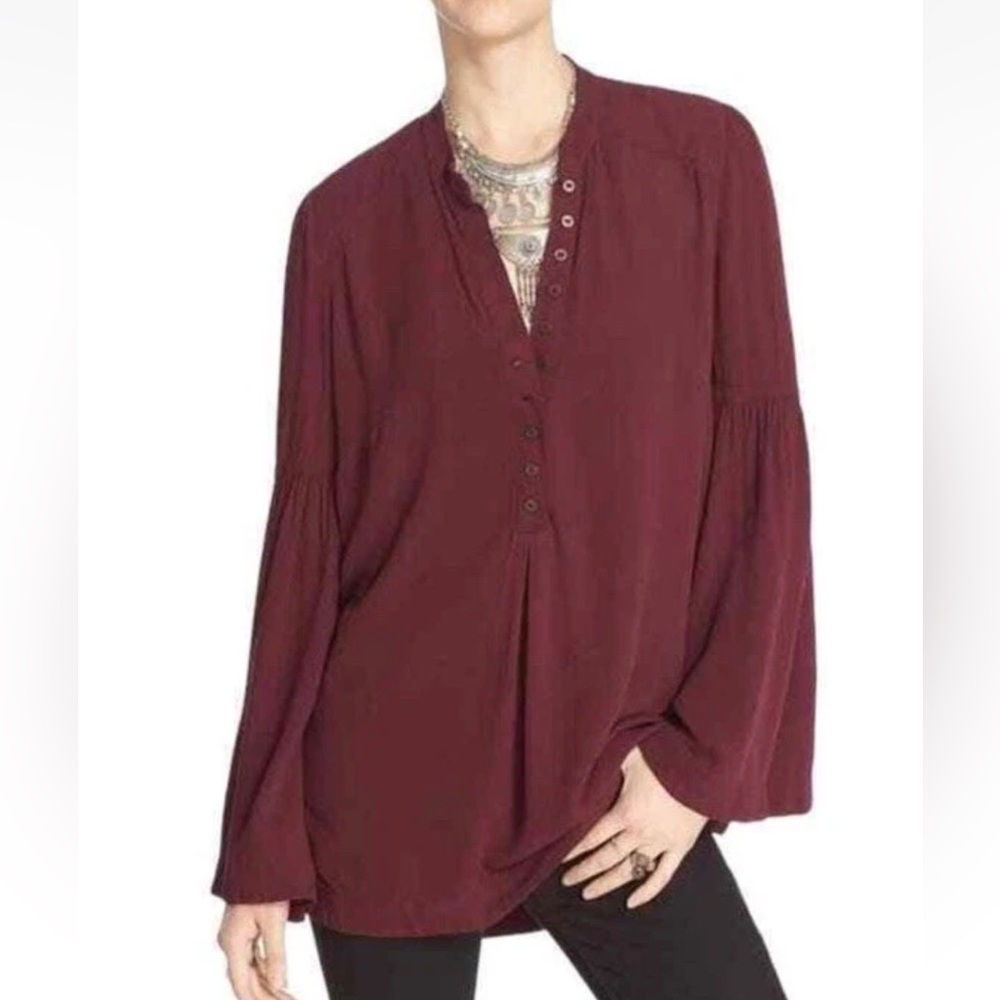 Free People Easy Girl Bell Sleeve Henley Top Women’s S Blouse Maroon Boho Rayon